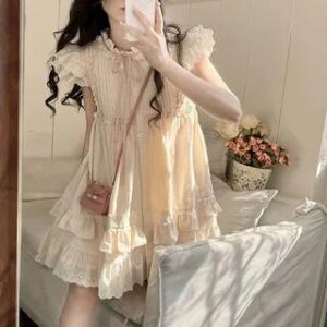 Cap-Sleeve Stand Collar Plain Frill Trim Pintuck Tie Front Button-Up Smock Dress Ivory 281406376