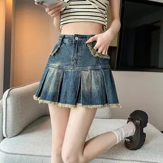 High Waist Washed Frayed Pleated Mini A-Line Denim Skirt Vintage Blue by Shinsei