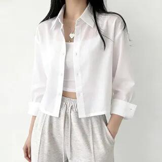 Long-Sleeve Striped Button-Up Crop Shirt Almond by Happo
