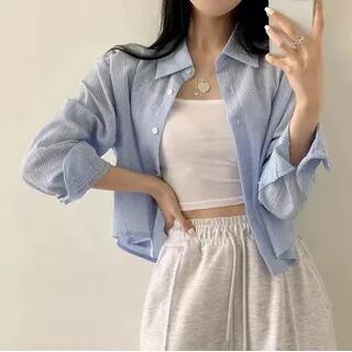 Long-Sleeve Striped Button-Up Crop Shirt Blue by Happo