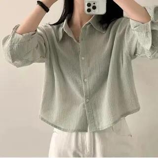 Long-Sleeve Striped Button-Up Crop Shirt Green by Happo
