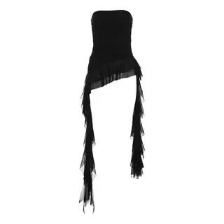 Plain Asymmetrical Ruffle Trim Ruched Tube Top Black by Sugarcoat