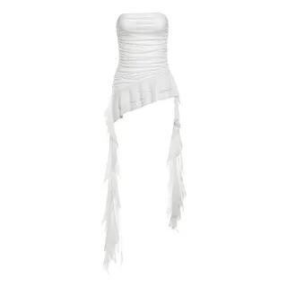 Plain Asymmetrical Ruffle Trim Ruched Tube Top White by Sugarcoat
