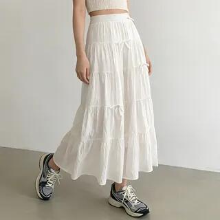 High Rise Plain Bow Tiered Midi A-Line Skirt Black by Coris