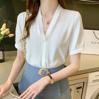 Short-Sleeve V-Neck Plain Blouse White by ISSOL
