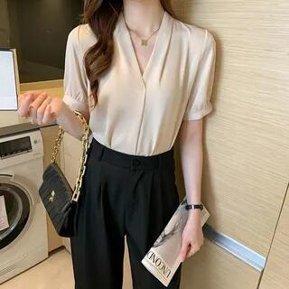 Short-Sleeve V-Neck Plain Blouse Almond by ISSOL