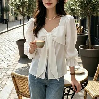 Puff-Sleeve V-Neck Plain Bow Blouse White by Everose