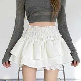 High Waist Plain Ruffled Mini A-Line Layered Skirt Black by Everose