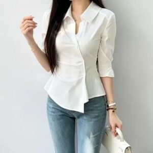Collared Plain Asymmetrical Shirt White 281406629
