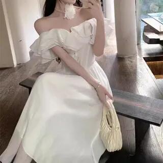 Short-Sleeve Off Shoulder Ruffle Panel Maxi A-Line Dress Plain - White by Morning Glory