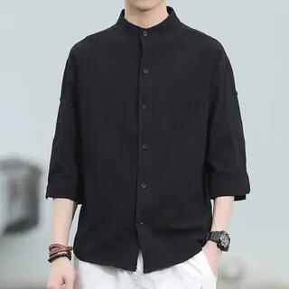 Chinese-Style Mandarin-Collar Elbow-Sleeve Shirt Black by Banash