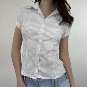 White Short-Sleeve Button Blouse fashion styling inspiration