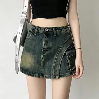 High Waist Asymmetrical Denim Skort Blue by Strawolf