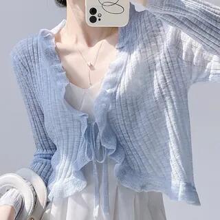V-Neck Plain Ruffle Trim Tie Front Crop Top Light Blue by Shinsei
