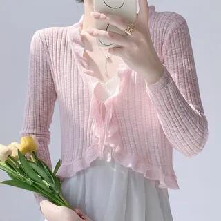 V-Neck Plain Ruffle Trim Tie Front Crop Top Pink by Shinsei