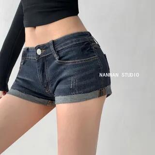 Low Rise Washed Roll Up Hem Denim Shorts Dark Blue by Shira