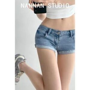 Low Rise Washed Roll Up Hem Denim Shorts Light Blue 281406888
