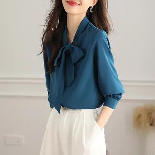 Long-Sleeve Tie Neck Plain Blouse Peacock Blue by Jeonseon