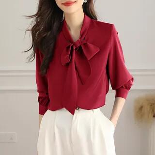 Long-Sleeve Tie Neck Plain Blouse Red by Jeonseon
