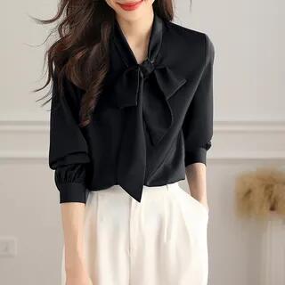 Long-Sleeve Tie Neck Plain Blouse Black by Jeonseon