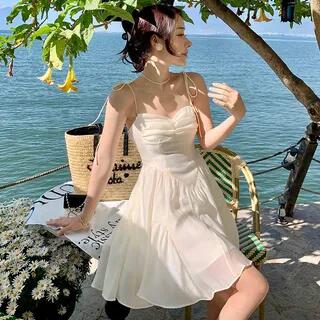 Spaghetti Strap Plain Shirred Mini Sundress White by Moanum