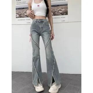 High Rise Washed Lace Up Slit Fray Flared Jeans Light Blue by Wildfoea