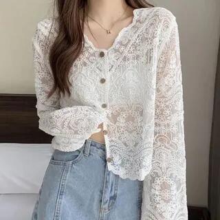 Long-Sleeve V-Neck Button-Up Lace Blouse White by Happo