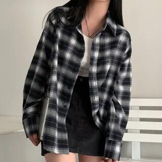Long-Sleeve Plaid Button-Up Shirt Plaid - Black & White by innomori