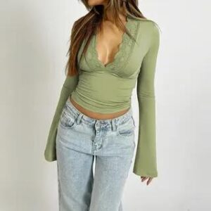 Long-Sleeve V-Neck Lace Trim Crop Top Pea Green 281407077