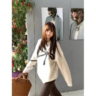 Crew Neck Bow Patterned Sweater Almond by Beem