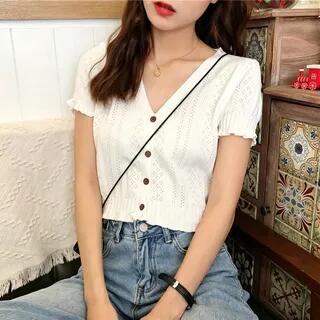 Short-Sleeve Perforated Cropped Cardigan Off-White by Maisee