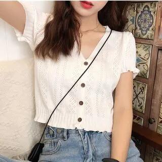 Short-Sleeve Perforated Cropped Cardigan Black by Maisee