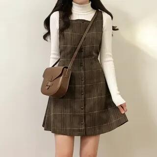 Sleeveless Plaid Button Mini Tank Dress Dress - Plaid - Brown by MIKIGA