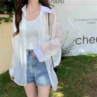 Long-Sleeve Mesh Button-Up Shirt Light Beige by Rosesand