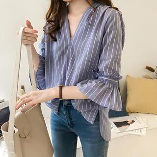 Ruffled Bell-Sleeve Striped V-Neck Blouse Blue by Daybreak