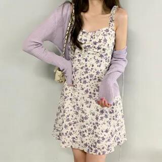 Spaghetti-Strap Floral Print Mini Dress / Cardigan Cardigan - Purple by Moon City