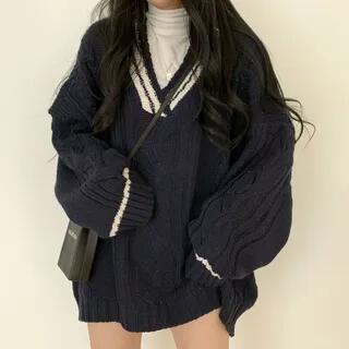 Oversized Cable-Knit V-Neck Contrast-Trim Sweater Navy Blue by PERKARP
