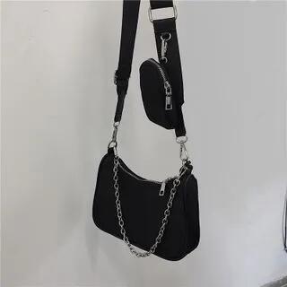 Chain Plain Nylon Crossbody Bag Black by Mulgam