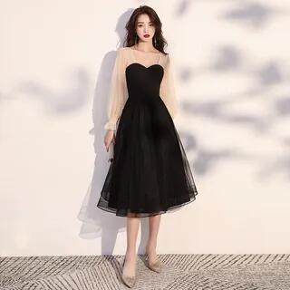 Long-Sleeve Two-Tone Mesh A-Line Evening Dress Type A - Midi Length - Black by MSSBridal