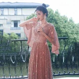 [S] Elbow-Sleeve Sequined A-Line Evening Gown BF-1609 - Pink by MSSBridal