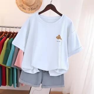 Elbow-Sleeve Cartoon Print T-Shirt White by Melon Juice