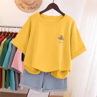 Elbow-Sleeve Cartoon Print T-Shirt Curcumin by Melon Juice