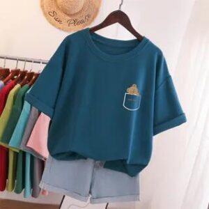 Elbow-Sleeve Cartoon Print T-Shirt Sapphire Blue 281459976