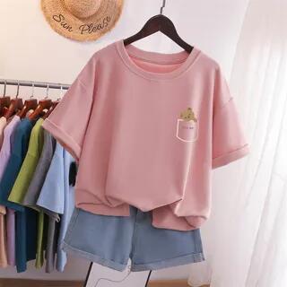 Elbow-Sleeve Cartoon Print T-Shirt Pink | Melon Juice by Melon Juice