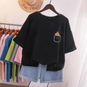 Elbow-Sleeve Cartoon Print T-Shirt Black 281459981
