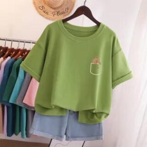 Elbow-Sleeve Cartoon Print T-Shirt Avocado Green 281460031