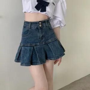 High-Waist Pleated A-Line Denim Mini Skirt Dark Blue 281460092