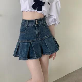 High-Waist Pleated A-Line Denim Mini Skirt Dark Blue by Yako