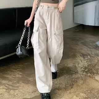 High Waist Cargo Loose-Fit Baggy Pants Almond by Porstina
