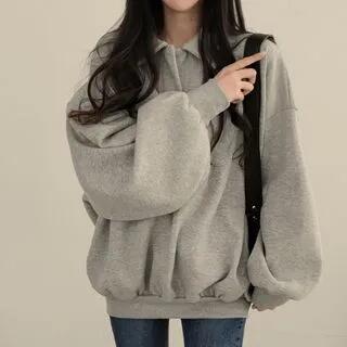 Plain Oversized Polo Neck Sweatshirt Gray by MIKIGA